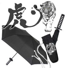 画像をギャラリービューアに読み込む, Folding Umbrella Sengoku Umbrella -wakizashi(short sword)- Tiger (Silver)/Umbrella Bag Opened: Approximately 96cm in Diameter Black JK-160-02
