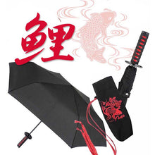 Muat gambar ke penampil Galeri, Folding Umbrella Sengoku Umbrella -wakizashi(short sword)- Carp (Red)/Umbrella Bag Opened: Approximately 96cm in Diameter Black JK-160-03
