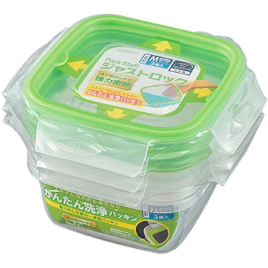 Storage Container Just Lock Square Green M Approx. 480ml 3 pieces PL-61 (Container 480ml set, storage, easy to wash, integrated, integrated gasket, pre-made, subdivided, sealed, no leakage)